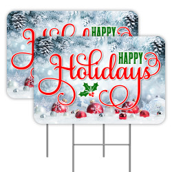 Happy Holidays 2 Pack Double-Sided Yard Signs 16" x 24" with Metal Stakes (Made in Texas)