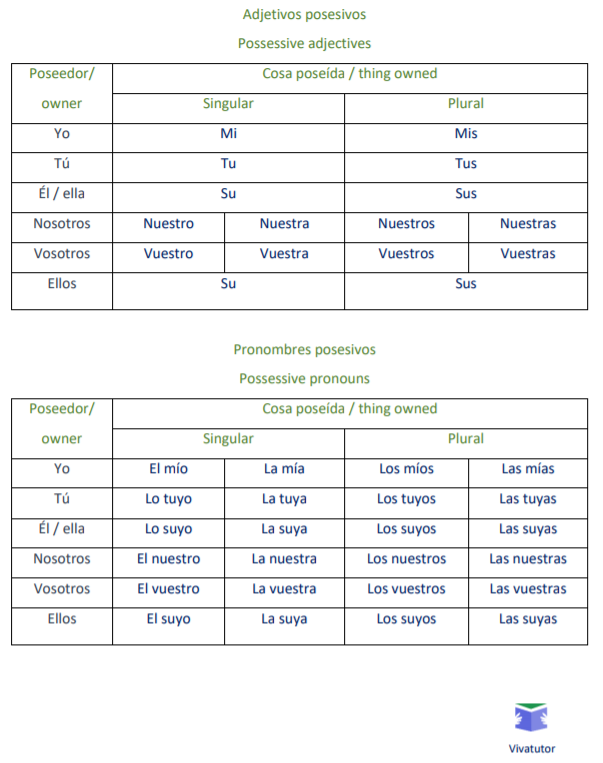 Possessive Adjectives In Spanish Chart