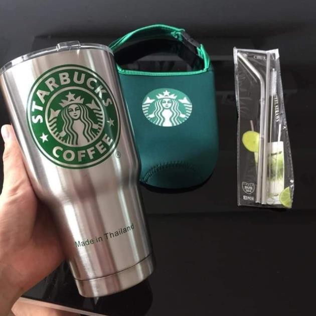 Ly Giữ Nhiệt Starbucks Thái Lan Cao Cấp Inox 304 Nắp Chống Trào 900ml + Tặng Kèm Bộ Ống Hút Inox và 