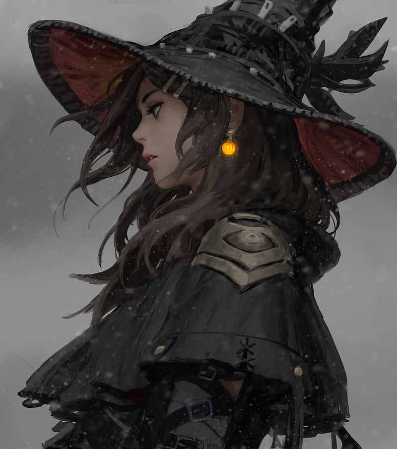 fantasy art, artwork, fantasy girl, Z.W. Gu, women, GUWEIZ, witch, digital art, earring, long hair, brunette, snowing, glowing earrings, HD phone wallpaper