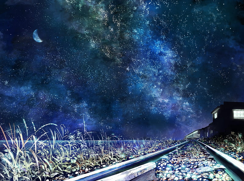 Anime landscape, starry sky, moon, train station, railways, scenic ...