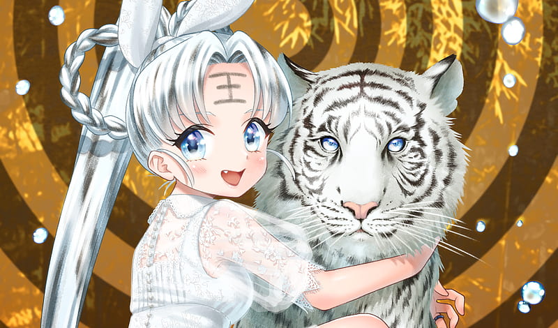 Anime, Girl, Tiger, HD wallpaper