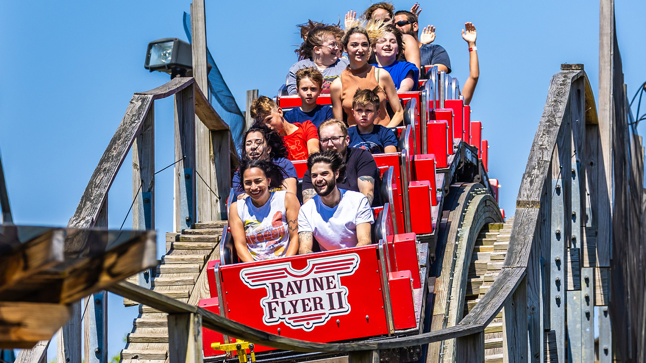 Guests riding the Ravine Flyer II during the day