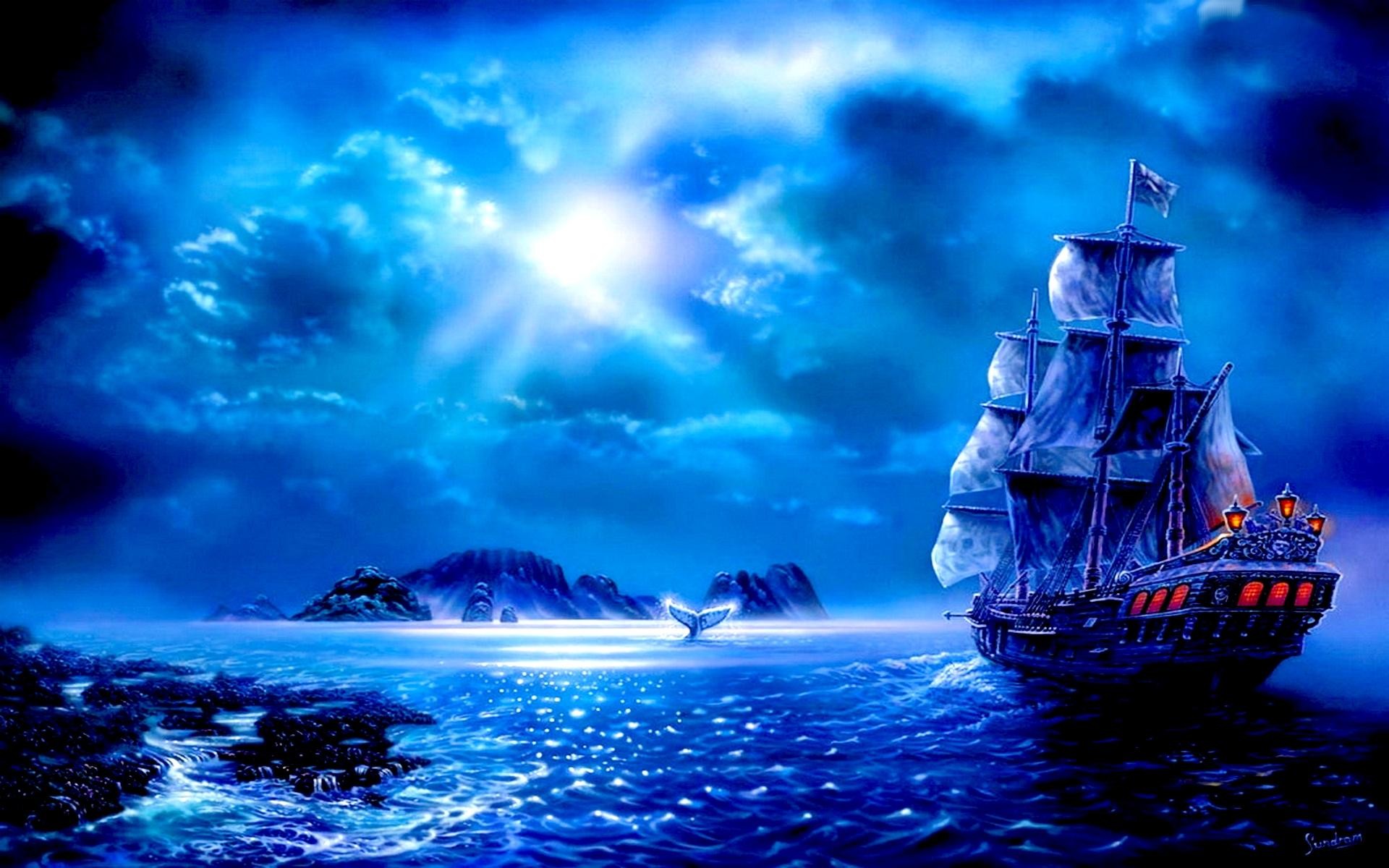 Fantasy – Ship Fantasy Blue Sailboat Moon Cloud Pirate Ocean Wallpaper