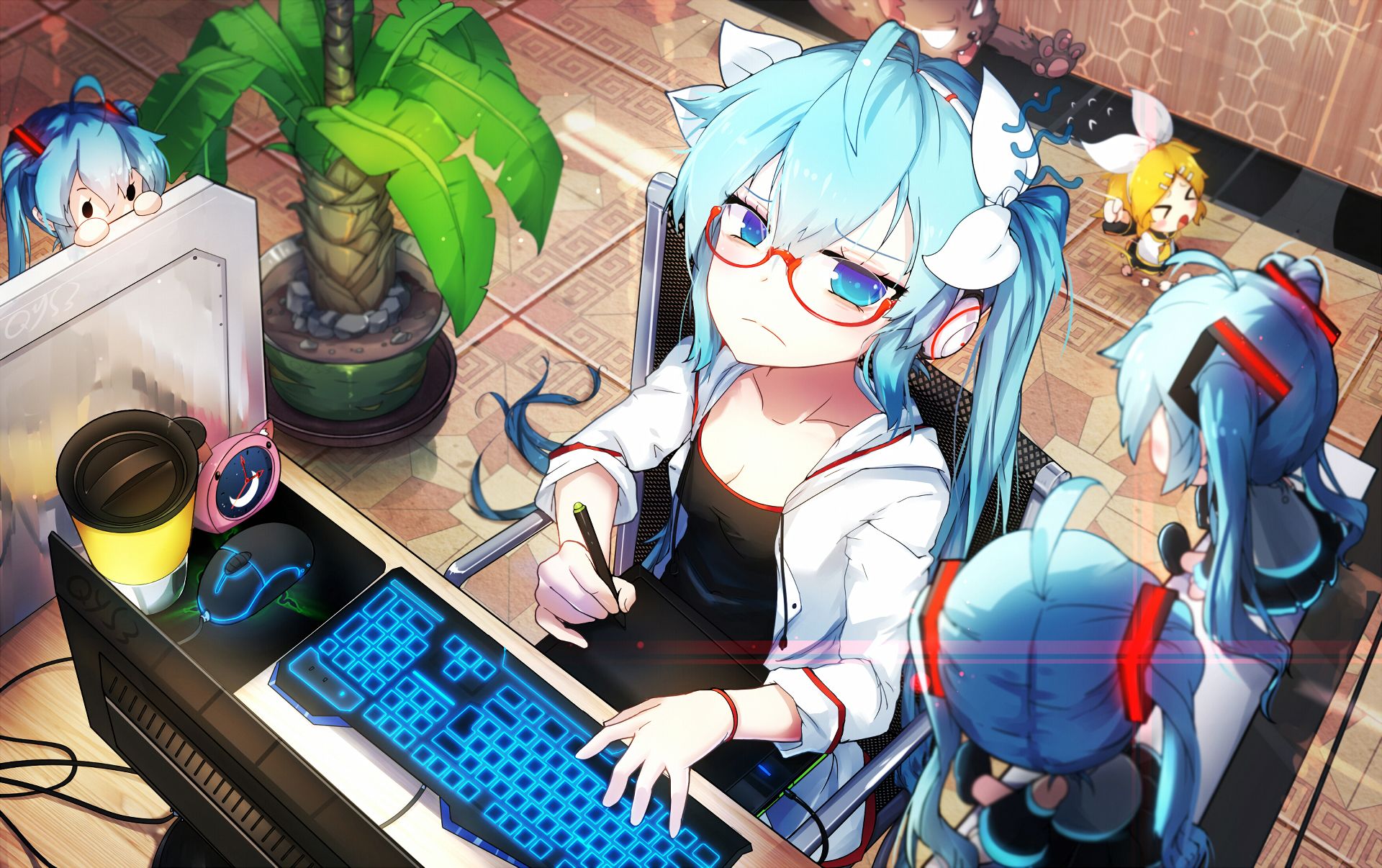 Chibi Hatsune Miku Gaming Wallpaper with Aqua Hair and Glasses