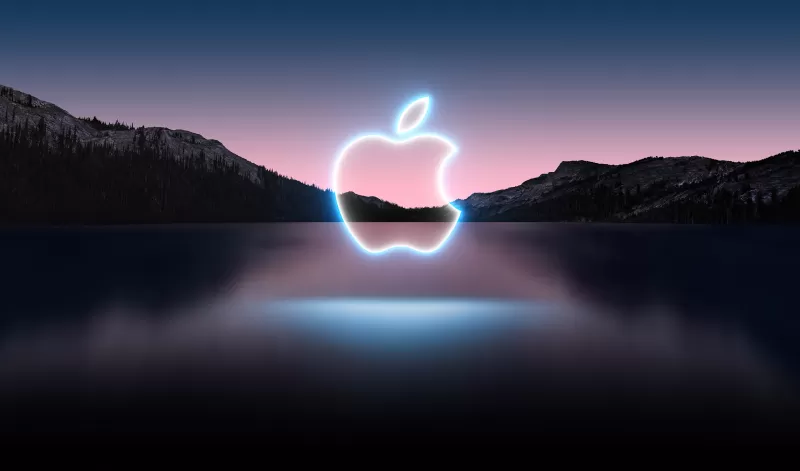 Apple Event 2021, Apple logo, Glowing, Reflection, Lake, Mountains, Sunset, Dark, Landscape