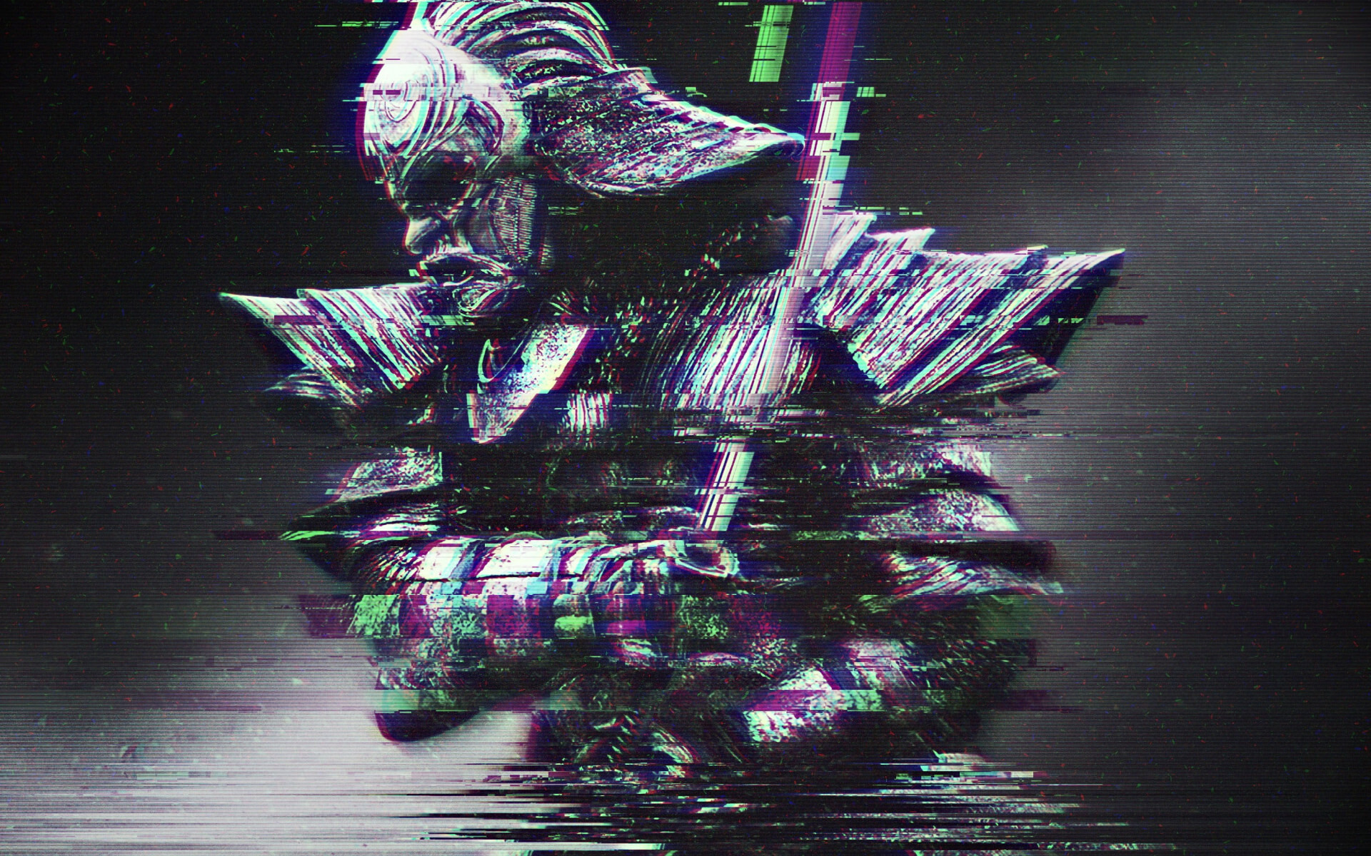 Samurai warrior digital wallpaper, Glitch art, Abstract distortion, Artistic visuals, 1920x1200 HD Desktop