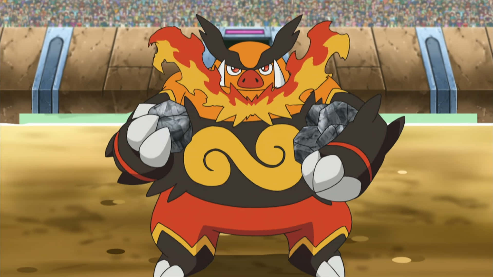 Download Beefy Emboar Holding Rocks Wallpaper | Wallpapers.com