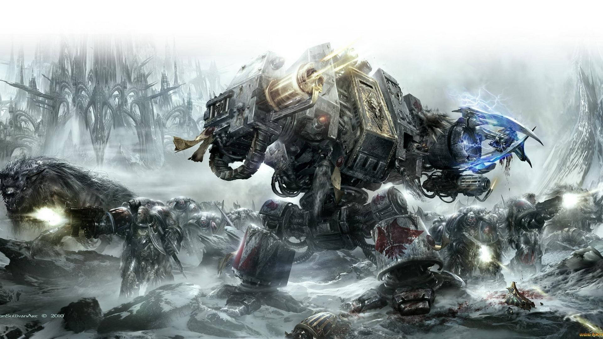 Power of the Space Wolves unleashed in an epic display of strength amidst an intergalactic battlefield Wallpaper