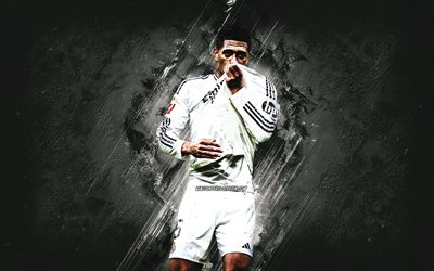 Jude Bellingham, Real Madrid, English football player, portrait, white stone background, La Liga, grunge art, football, Spain