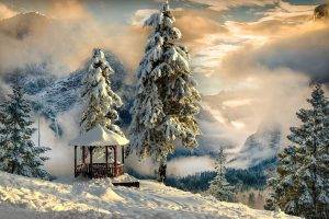 nature, Landscape, Mountain, Snow, Winter, Clouds, Trees, Sunlight, Forest, Gazebo