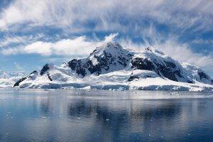 landscape, Lake, Mountain, Ice, Snow, Clouds, Winter, Nature