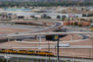 landscape, Train, Railway, Diesel Locomotives, Tilt Shift, Town, Road, USA, Bridge, Building