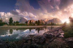 lake, Sunset, Mountain, Clouds, Italy, Reflection, Nature, Trees, Sky, Landscape, Summer, Europe, Rock