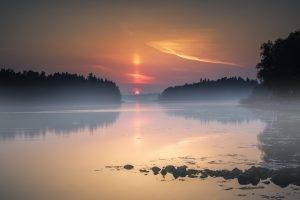 landscape, Nature, Lake, Mist, Sunset, Trees, Sky, Calm, Water