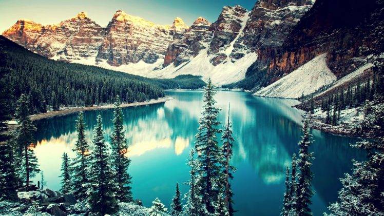 nature, Lake, Canada, Trees, Mountain, Forest, Reflection, Snow, Landscape, Banff National Park HD Wallpaper Desktop Background