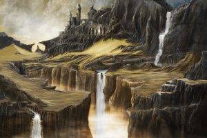 artwork, Fantasy Art, Painting, Digital Art, Nature, Waterfall, Rock, Water, Cliff, Sculpture, Mountain, Tower, Castle, Sand, Hill, Clouds