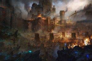 artwork, Fantasy Art, Battle, Siege, Castle, Army, Fire