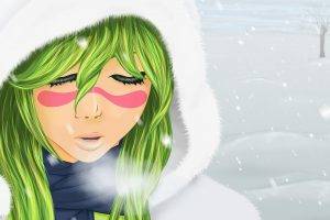 anime, Bleach, Nelliel Tu Odelschwanck, Snow, Green Hair, Hoods, Fur, Winter, Closed Eyes