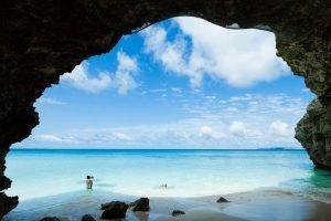 women, Baby, Nature, Landscape, Photography, Sea, Beach, Cave, Rocks, Sand, Clouds, Island, Summer, Japan