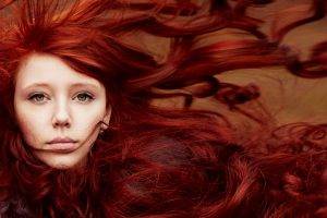 women model redhead face portrait long hair green eyes hair in face windy