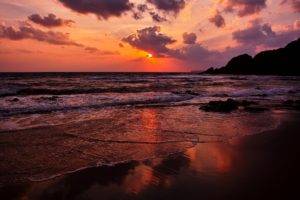 beach, Sunset, Sea, Waves, Water, Sand