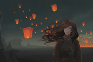 artwork, Windy, Sky lanterns, Desert, Blue eyes