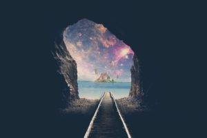 artwork, Tunnel, Railway, Island, Stars