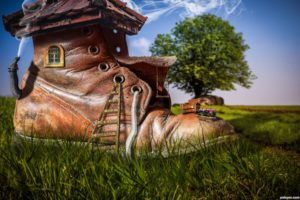 digital art, Fantasy art, Architecture, Building, House, Artwork, Painting, Boots, Nature, Landscape, Ladders, Grass, Trees, Chimneys, Window, Smoke, Shoes, Lace, Swirls, Depth of field