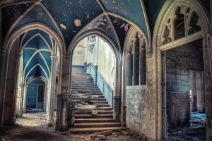 architecture, Interiors, Indoors, Arch, Columns, Pillar, Building, Abandoned, Staircase, Bricks, Hallway