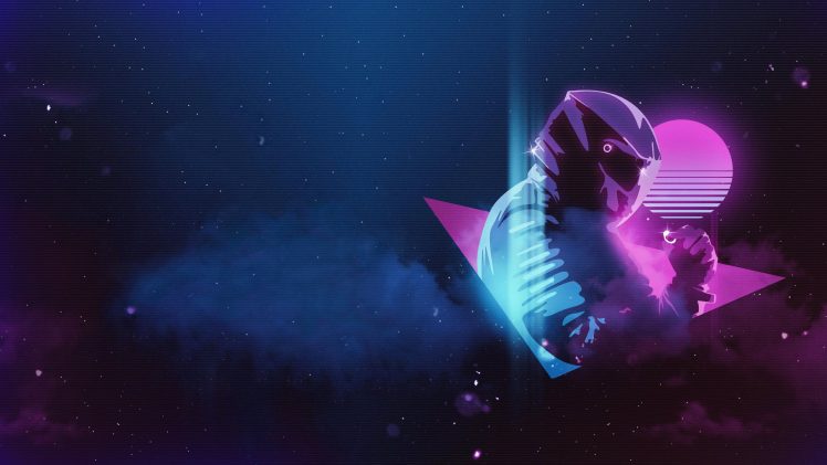 Pylot, Musician, 1980s, Synthwave, New Retro Wave, Monstercat, Neon, Motorcyclist, Space, Nebula, Scanlines HD Wallpaper Desktop Background