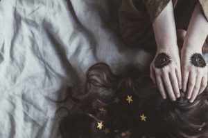 hands, Fingers, Long hair, Women, Lying on back, Brunette, Stars, Tattoo, Covering face