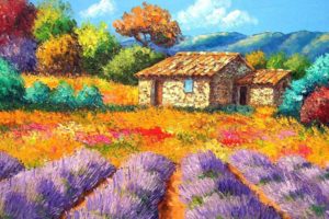 garden, House, Painting, Yard, Landscape