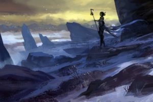 snow, Mage, Staff, Rocks, Mountains, Art, Girl