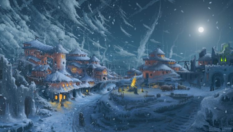 zhivotpis, Art, Snow, Cold, Snow, Drifts, Houses, Windows, Light, Road, Night, Moon, Winter, Fantasy HD Wallpaper Desktop Background