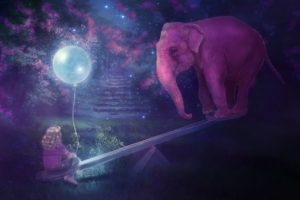 elephant, Pink, Girl, Balloon, Swing, Night, Stars, Trees, Dream, Psychedelic, Fantasy