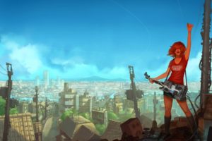 women, Cityscapes, Futuristic, Redheads, Guitars, Artwork