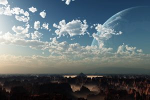 clouds, Rain, Bows, Digital, Art, Planet, Moon, Landscape