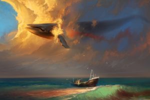 rhads, Fantasy, Mood, Emotion, Sorrow, Sad, Whales, Animals, Painting, Artistic, Art, Sky, Clouds, Cg, Digital, Shipwreck, Wreck, Ruins, Vehicles, Ships, Boats, Ocean, Sea, Beaches, Surreal, Dream