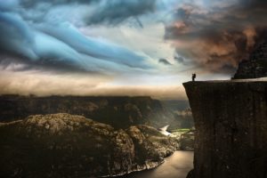 preikestolen, Norway, Photo, By, Robin, Kamp, Landscape, Mountains, Sky, Clouds, Man, Cliff, Rock, River