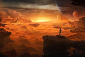 fantasy, Art, Landscapes, Warriors, Spear, Sci, Fi, Planets, Sky, Sunset, Sunrise, People