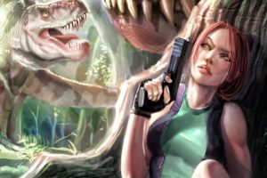 dinosaurs, Tomb, Raider, Lara, Croft, Artwork, Tyrannosaurus, Rex