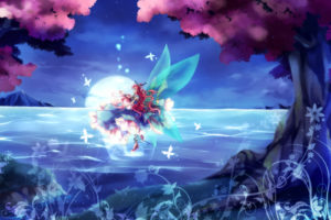 original, Blue, Eyes, Butterfly, Dress, Fairy, Long, Hair, Marimo, Moka, Moon, Original, Red, Hair, Scenic, Stars, Water, Wings