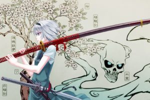 skulls, Video, Games, Touhou, Cherry, Blossoms, Trees, Dress, Blue, Eyes, Katana, Samurai, Weapons, Blossoms, Ghosts, Konpaku, Youmu, Short, Hair, White, Hair, Girls, With, Swords, Anime, Girls, Green, Dress, Ha