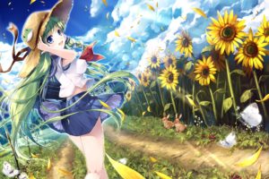 bunnies, Video, Games, Clouds, Touhou, Blue, Eyes, School, Uniforms, Skirts, Long, Hair, Outdoors, Green, Hair, Open, Mouth, Braids, Kochiya, Sanae, Flower, Petals, Skyscapes, Sunflowers, Hats, Anime, Girls, Hair