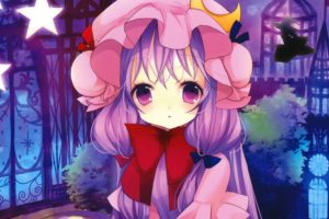 video, Games, Touhou, Trees, Stars, Moon, Silhouettes, Long, Hair, Buildings, Purple, Hair, Kirisame, Marisa, Blush, Bows, Mansion, Purple, Eyes, Patchouli, Knowledge, Hats, Anime, Girls, Faces, Hair, Bun, Witch