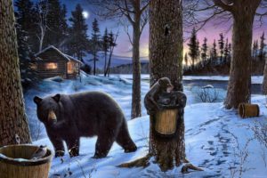 ervin molnar, Molnar, Paintings, Artistic, Landscapes, Nature, Winter, Trees, Night, Lights, Evening, Animals, Bears, Snow, Seasons, Cub, Babies