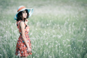 asian, Oriental, Women, Females, Girls, Babes, Exotic, Models, Style, Fashion, Dress, Landscapes, Naute, Fields, Meadow, Grass, Hat, Stare, Brunette