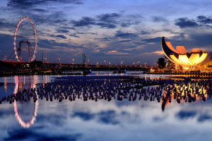 singapore, Amusement, Park, Hdr, Night, Lights, Architecture, Buildings, Water, Marina, Reflection, Sky, Clouds