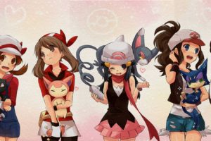 pokemon, Blue, Hair, Brown, Hair, Crystal, Espurr, Glameow, Green, Hair, Group, Hat, Heart, Kisaitu, Meowth, Pokemon, Purrloin, Scarf, Signed, Skirt, Skitty, Sneasel, Twintails